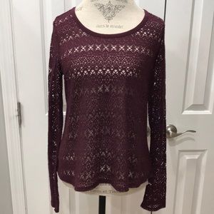 Aeropostale Maroon Plum Crochet Open Knit Long Sleeve Sweater | Medium | EUC